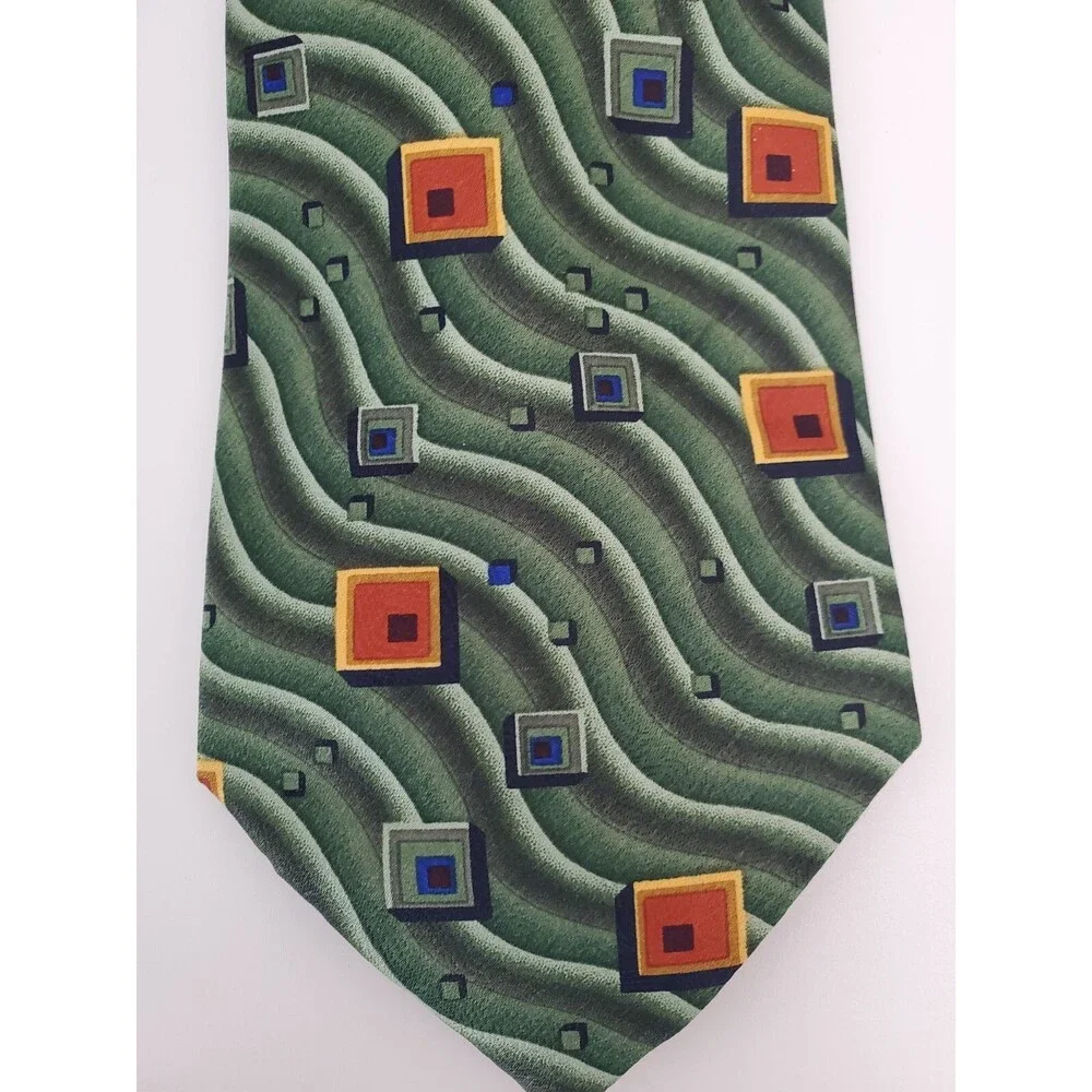 Parksdera Pure Silk Hand Made Men's Tie Green Orange Waves Square